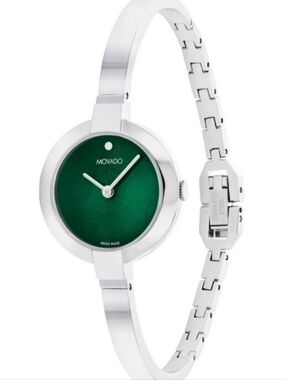 NWT! Limited Edition 💚 Movado Ela Bangle Watch In Silver/Deep Green Dial 25mm
